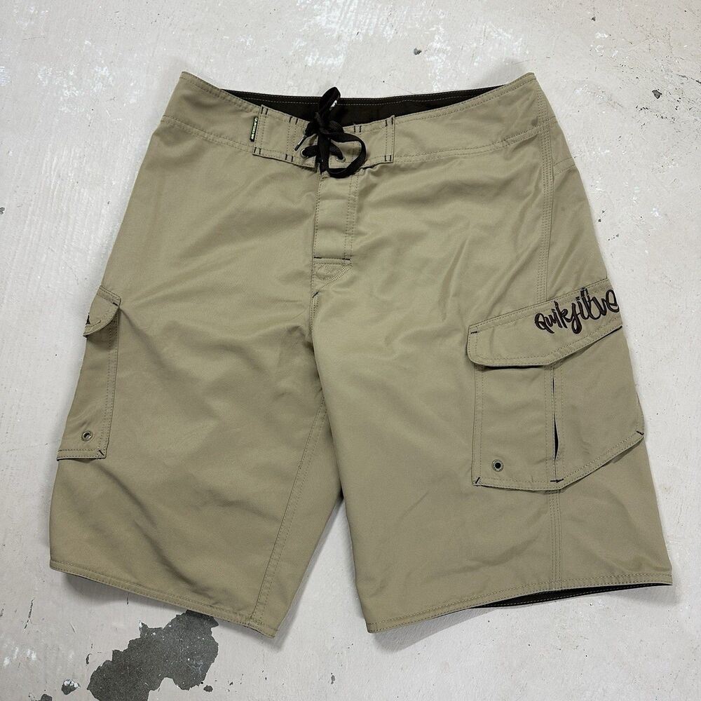 Vintage Quicksilver Sz 31 Mens Khaki Embroider Logo Y2K Surf Board Shorts